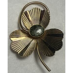 Vintage Gold Tone Clover Faux Jade Stone Brooch PB146‎